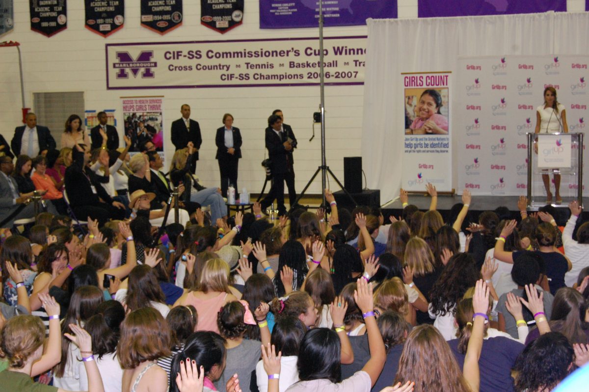 HER MAJESTY: Marlborough hosted GirlUp pep rally on Friday, Nov. 5 in the Evelyn and Lee Combs Athletic Center with special guest Her Majesty Queen Rania Al Abudullah of Jordan. The rally promoted global girl empowerment. Photo by Madeline 12.