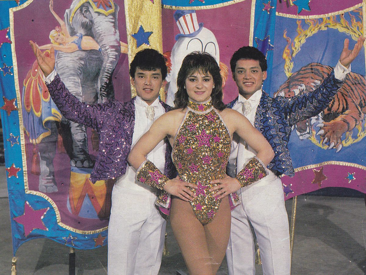 BALANCING ACT: Pictured above from left to right, Arturo Pivaral, Meda Dorin, and Nelson Pivaral pose in their performing outfits. Photo taken from Ringling Brothers Program 1992