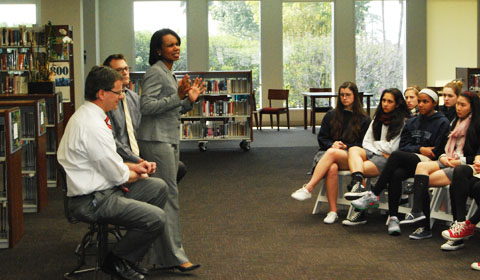 Dr. Condoleezza Rice addresses 8th and 10th graders in a Q & A session during her visit. Photo by Isabel '14.
