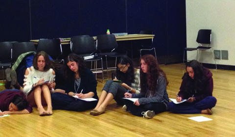 Rita 13, Rachel 14, Isabella 13, Janette 13, Ariela 13 and Mikaela 13 participate in a writing activity during Face-It VII. Photo by Jeanette Woo Chitjian.