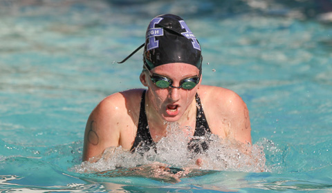 Emily ’15 swims the 200 IM. at a meet on May 2.
Photo by Rand Bleimeister.