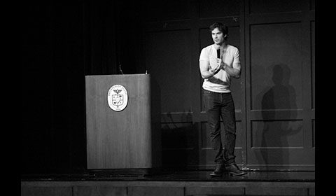 Students apologize to Ian Somerhalder for negative reactions to his Earth Week speech.  
Photo by Chris Colthart 