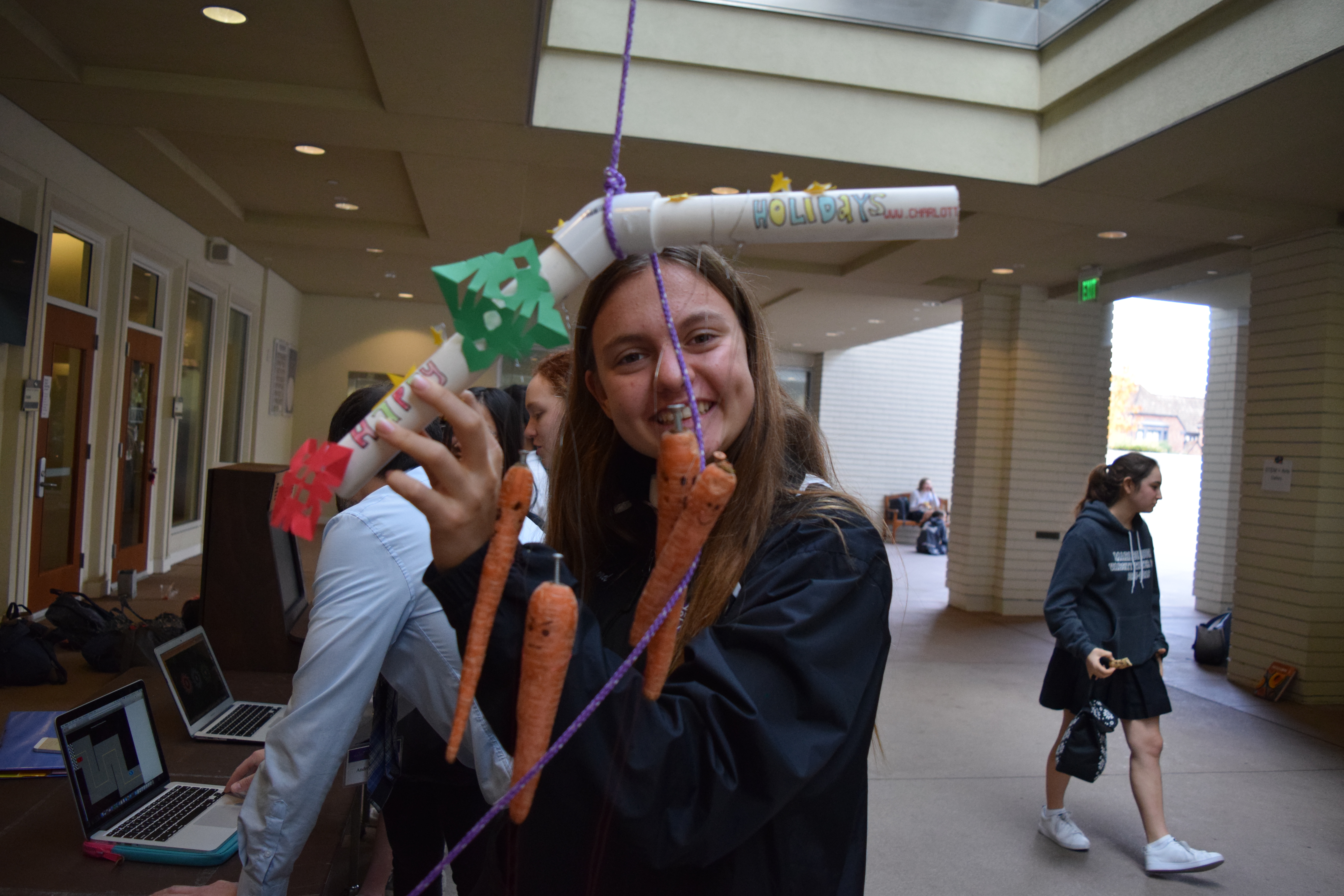 Megan '19 created a wond chime made of carrots for her project.
