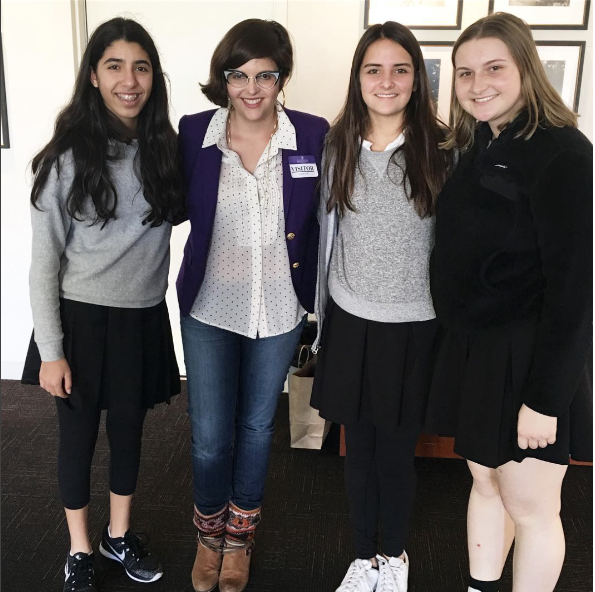 Sophia ’19, Rami ’19 and Sarah ’17 pose with Julie Ann Crommett after her talk.