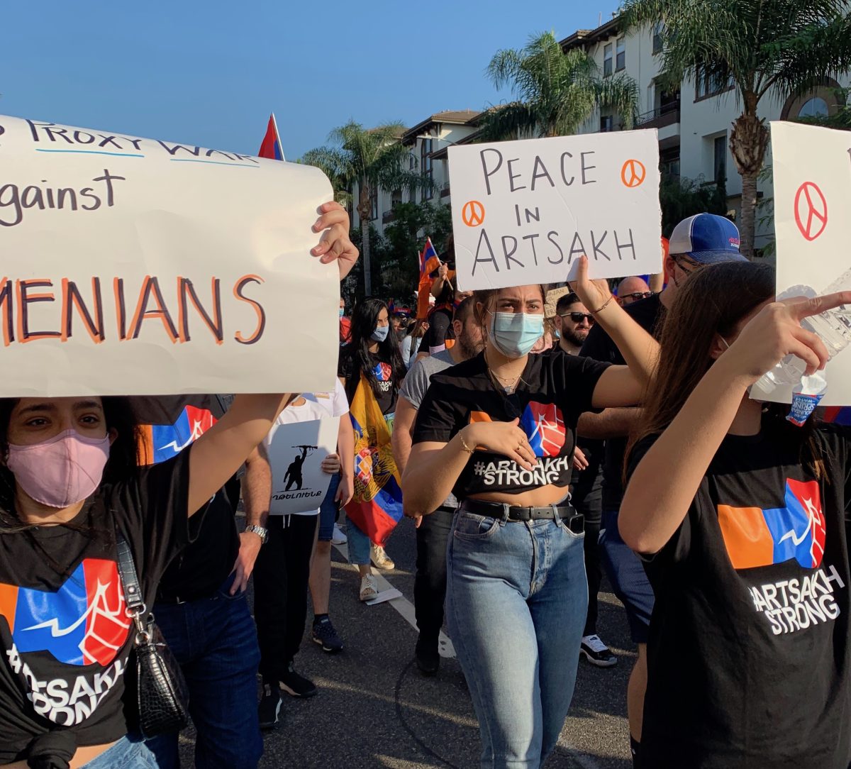 Members of the Armenian Club march in support of Artsakh
