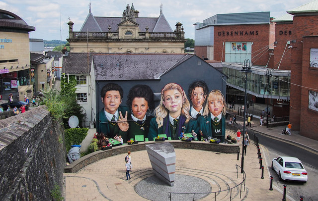 A Derry Girls mural on Orchard Street in Derry, Northern Ireland. Courtesy of Rossographer.
