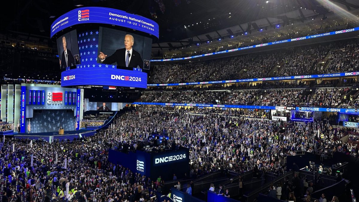 President Joe Biden speaking at night one of the 2024 Democratic National Convention in Chicago.