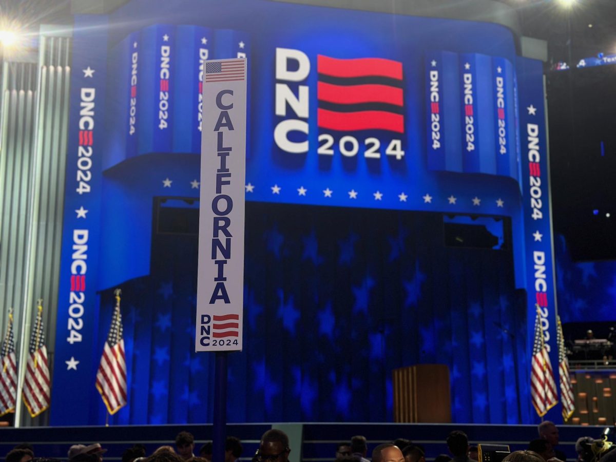 The California Delegation sign sitting before the DNC stage. 