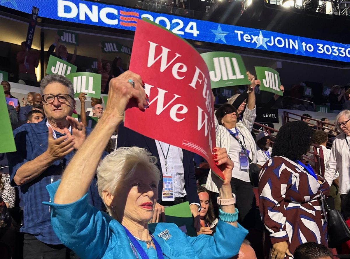 2024 DNC attendees hold up signs.