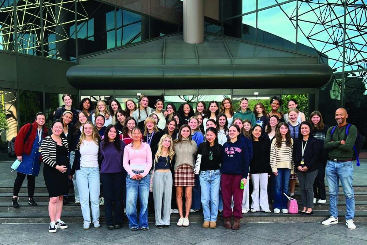 Students take a photo during the French field trip.